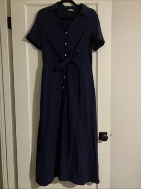 Caslon Navy Button-Front Tie-Waist Maxi Dress